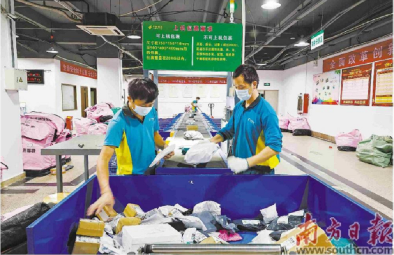 深圳郵政車公廟直投中心的智能設(shè)備讓每天分揀時(shí)間縮短至少2小時(shí)。南方日?qǐng)?bào)記者 魯力 攝