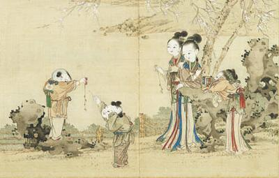  圖為《升平樂事圖冊》中所繪兒童放鞭炮的場景。資料圖片